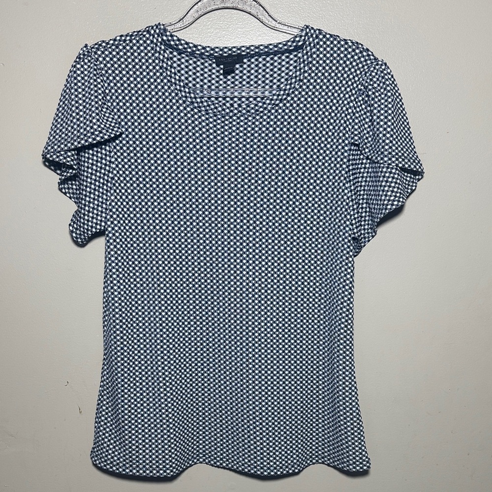 Ann Taylor Large Gingham Navy White Ruffle Sleeved Top‎